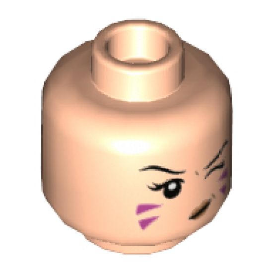 Minifigure, Head Dual Sided Female, Black Eyebrows, Dark Pink Stripes on Cheeks, Left Eye Winking / Blowing Bubblegum Bubble Pattern - Hollow Stud