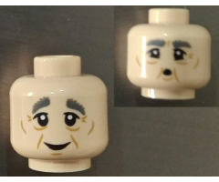 Minifigure, Head Dual Sided Dark Bluish Gray Eyebrows, Eye Bags, Cheek Lines, Wrinkles and Smile / Whistling Pattern - Hollow Stud