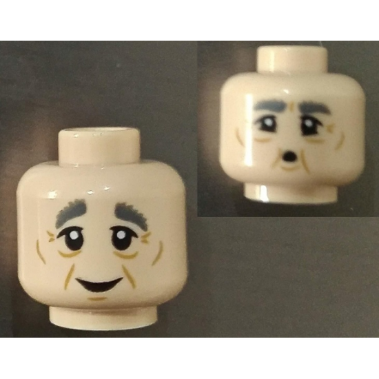 Minifigure, Head Dual Sided Dark Bluish Gray Eyebrows, Eye Bags, Cheek Lines, Wrinkles and Smile / Whistling Pattern - Hollow Stud