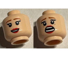 Minifigure, Head Dual Sided Female, Medium Nougat Eyebrows, Red Lips, Smile / Scared Pattern - Hollow Stud