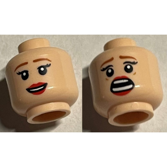 Minifigure, Head Dual Sided Female, Medium Nougat Eyebrows, Red Lips, Smile / Scared Pattern - Hollow Stud