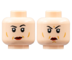 Minifigure, Head Dual Sided Female Black Eyebrows, Dark Red Lips, Medium Nougat Contour Lines, Small Smile / Scowl Pattern - Hollow Stud