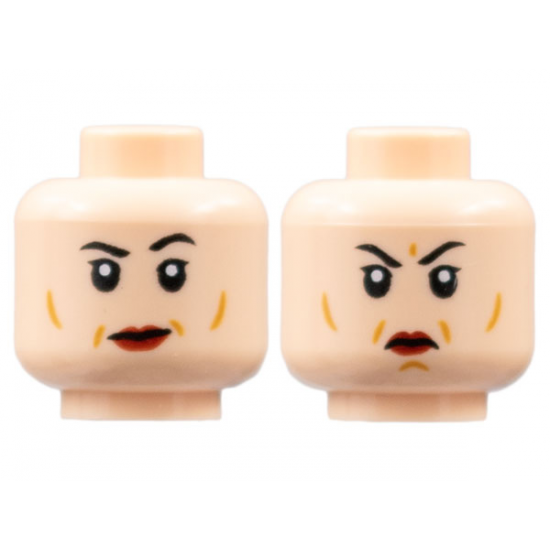 Minifigure, Head Dual Sided Female Black Eyebrows, Dark Red Lips, Medium Nougat Contour Lines, Small Smile / Scowl Pattern - Hollow Stud