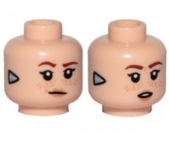 Minifigure, Head Dual Sided Female, Dark Orange Eyebrows, Freckles, Lips, Silver Triangle (Focus) on Sides, Smile / Open Mouth Pattern - Hollow Stud