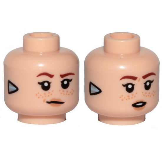 Minifigure, Head Dual Sided Female, Dark Orange Eyebrows, Freckles, Lips, Silver Triangle (Focus) on Sides, Smile / Open Mouth Pattern - Hollow Stud