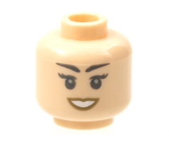 Minifigure, Head Female Black Hazy Eyebrows, Eyelashes, and Eyes, Light Bluish Gray Pupils, Dark Tan Lips, Open Mouth Smile with Teeth Pattern - Hollow Stud