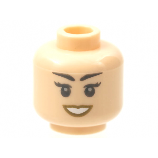 Minifigure, Head Female Black Hazy Eyebrows, Eyelashes, and Eyes, Light Bluish Gray Pupils, Dark Tan Lips, Open Mouth Smile with Teeth Pattern - Hollow Stud