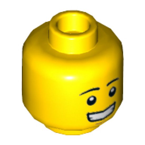 Minifigure, Head Dual Sided, Black Eyebrows, Lopsided Grin Pattern / Smile Showing Teeth - Hollow Stud