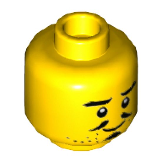 Minifigure, Head Dual Sided Beard Stubble, Thick Eyebrows, Pencil Moustache, Soul Patch, Smile / Frown Pattern - Hollow Stud