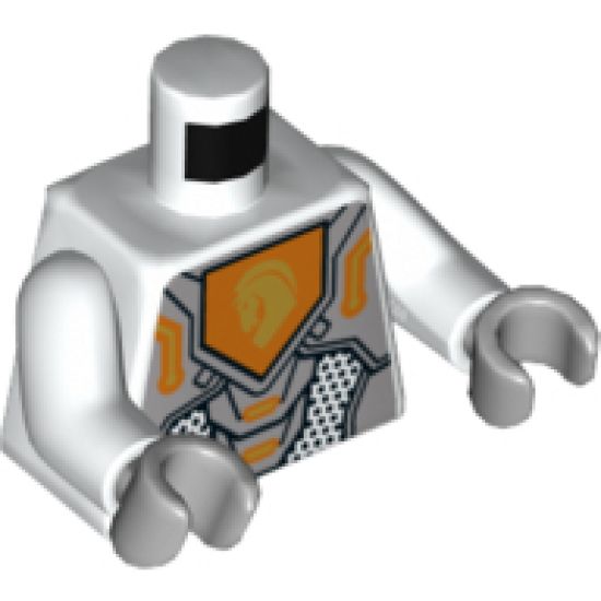 Torso Nexo Knights Armor with Orange and Gold Circuitry and Gold Horse Head on Orange Pentagonal Shield Pattern / White Arms / Light Bluish Gray Hands