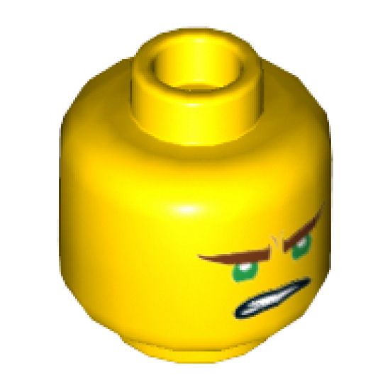 Minifigure, Head Dual Sided Reddish Brown Eyebrows, Green Eyes, Lopsided Open Mouth Grin / Gritted Teeth Pattern (Lloyd) - Hollow Stud