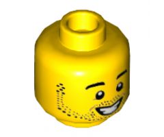 Minifigure, Head Dual Sided Black Eyebrows and Stubble, Smiling / Neutral Expression Pattern - Hollow Stud