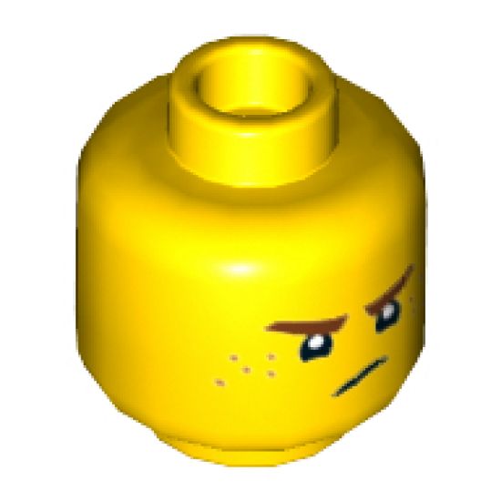 Minifigure, Head Dual Sided Reddish Brown Eyebrows and Freckles, Lopsided Grin / Frown Pattern (Jay) - Hollow Stud