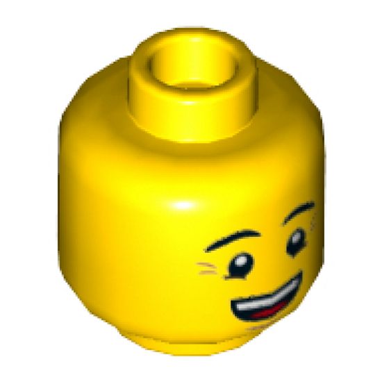 Minifigure, Head Dual Sided Eyebrows, Crow's Feet, Open Mouth Smile / Queasy Expression with Sweat Drop Pattern - Hollow Stud