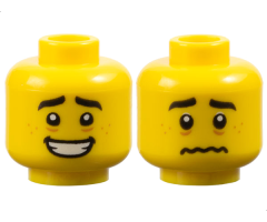 Minifigure, Head Dual Sided, Black Eyebrows, Medium Nougat Freckles, Open Mouth Smile / Scared Worried Pattern - Hollow Stud