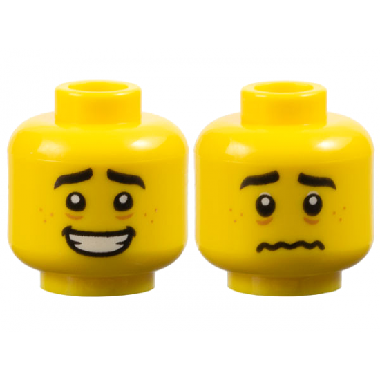 Minifigure, Head Dual Sided, Black Eyebrows, Medium Nougat Freckles, Open Mouth Smile / Scared Worried Pattern - Hollow Stud