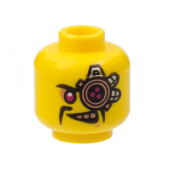 Minifigure, Head Alien with Cyborg Eyepiece, Magenta Eye, Copper Teeth, Black Fu Manchu Moustache Pattern - Hollow Stud