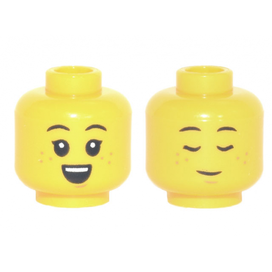 Minifigure, Head Dual Sided, Child, Black Eyebrows, Freckles, Small Open Smile / Sleeping Pattern - Hollow Stud