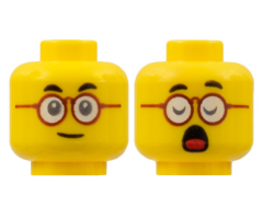 Minifigure, Head Dual Sided, Black Eyebrows, Dark Red Round Glasses, Neutral / Closed Eyes and Open Mouth with Red Tongue Pattern - Hollow Stud