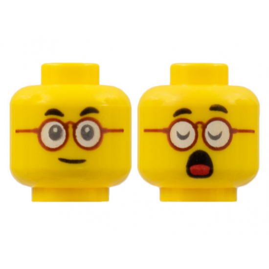 Minifigure, Head Dual Sided, Black Eyebrows, Dark Red Round Glasses, Neutral / Closed Eyes and Open Mouth with Red Tongue Pattern - Hollow Stud