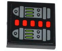 Tile 2 x 2 with Groove with Red Lights, Lime Light Bars and Buttons Pattern (Sticker) - Set 70504