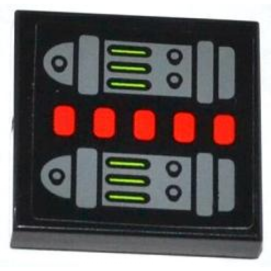 Tile 2 x 2 with Groove with Red Lights, Lime Light Bars and Buttons Pattern (Sticker) - Set 70504