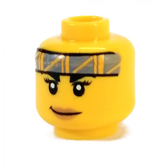 Minifigure, Head Female Black Eyebrows, Medium Nougat Lips, Dark Bluish Gray Band with Orange Stripes, Smile Pattern - Hollow Stud