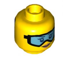 Minifigure, Head Dual Sided Female Light Blue Goggles, Orange Lips, Smile / Covered with Dirt, Goggles Outline Pattern - Hollow Stud