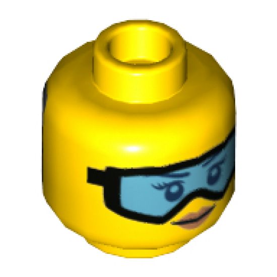 Minifigure, Head Dual Sided Female Light Blue Goggles, Orange Lips, Smile / Covered with Dirt, Goggles Outline Pattern - Hollow Stud