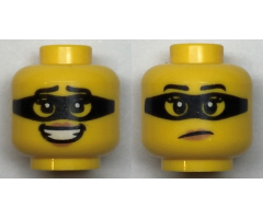 Minifigure, Head Dual Sided Female Black Eyebrows, Peach Lips and Black Mask Pattern / Open Mouth Smile - Hollow Stud