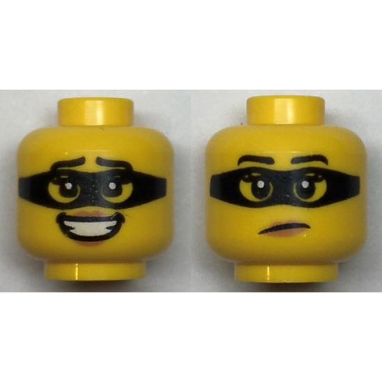 Minifigure, Head Dual Sided Female Black Eyebrows, Peach Lips and Black Mask Pattern / Open Mouth Smile - Hollow Stud