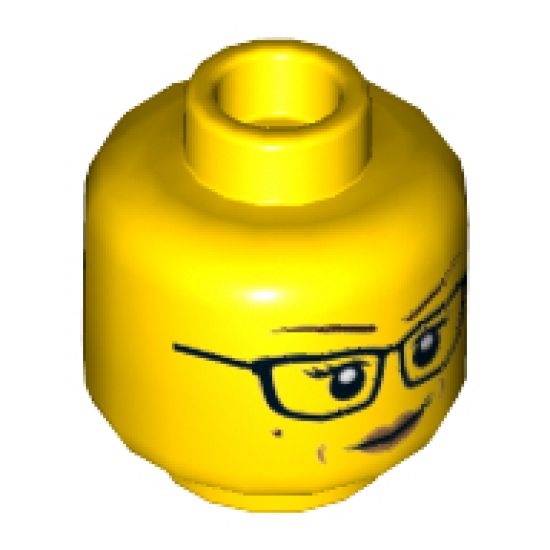 Minifigure, Head Dual Sided Female, Dark Brown Eyebrows, Glasses, Beauty Mark, Scared / Crooked Smile Pattern - Hollow Stud