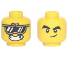 Minifigure, Head Dual Sided, Gold Trim Sunglasses with Reflections, Open Mouth Grin with Sparkle / Black Thick Eyebrows, Smirk Pattern - Hollow Stud