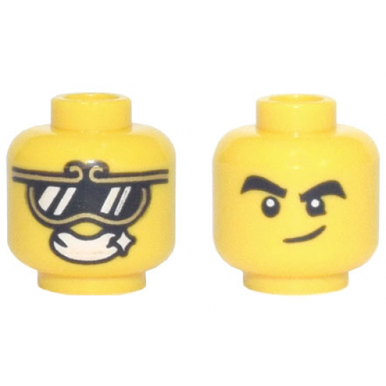 Minifigure, Head Dual Sided, Gold Trim Sunglasses with Reflections, Open Mouth Grin with Sparkle / Black Thick Eyebrows, Smirk Pattern - Hollow Stud