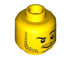 Minifigure, Head Beard Stubble, Black Raised Right Eyebrow, Smirk Angled to Right, White Pupils Pattern - Hollow Stud