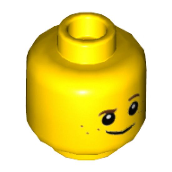 Minifigure, Head Child Brown Eyebrows, Raised Left Eyebrow, Freckles, White Pupils, Crooked Smile Pattern - Hollow Stud