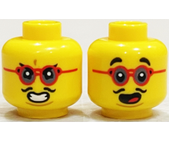 Minifigure, Head Dual Sided, Black Eyebrows, Red Glasses, Thin Moustache, Surprised Open Mouth / Clenched Teeth Pattern - Hollow Stud