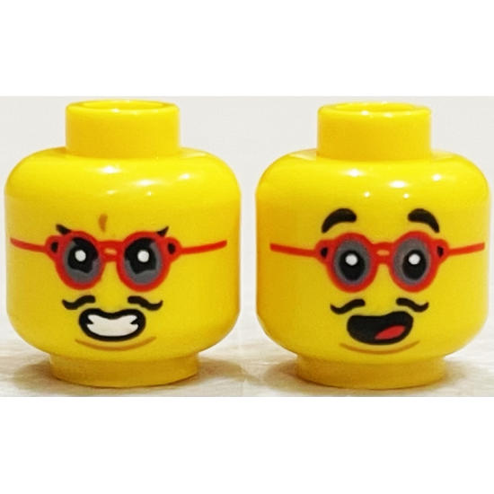 Minifigure, Head Dual Sided, Black Eyebrows, Red Glasses, Thin Moustache, Surprised Open Mouth / Clenched Teeth Pattern - Hollow Stud