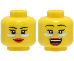 Minifigure, Head Dual Sided Female Black Thin Eyebrows, Red Lips, Silver Glasses, Smile / Laughing with Open Mouth Pattern - Hollow Stud