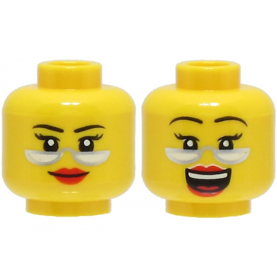 Minifigure, Head Dual Sided Female Black Thin Eyebrows, Red Lips, Silver Glasses, Smile / Laughing with Open Mouth Pattern - Hollow Stud