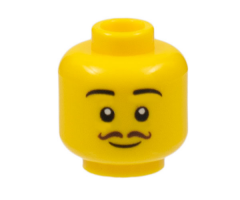 Minifigure, Head Black Eyebrows, Dark Brown Thin Curly Moustache, Grin Pattern - Hollow Stud