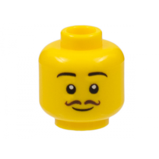 Minifigure, Head Black Eyebrows, Dark Brown Thin Curly Moustache, Grin Pattern - Hollow Stud