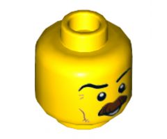 Minifigure, Head Moustache Brown Bushy, Black Eyebrows, Cheek Lines, Smile, White Pupils Pattern - Hollow Stud