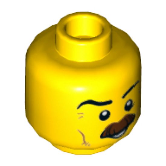 Minifigure, Head Moustache Brown Bushy, Black Eyebrows, Cheek Lines, Smile, White Pupils Pattern - Hollow Stud
