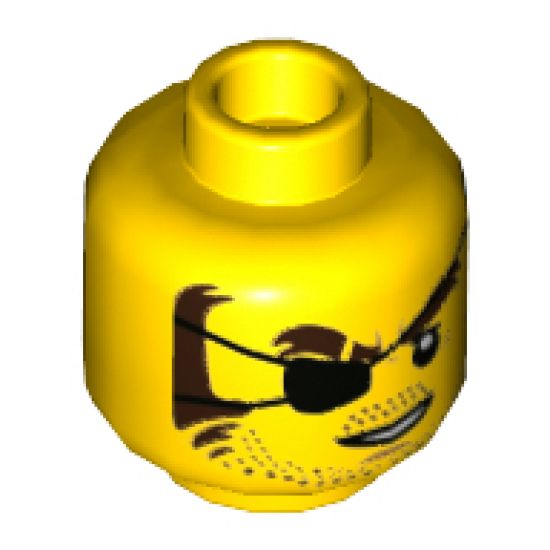 Minifigure, Head Black Eyepatch, Brown Eyebrows, Sideburns, Stubble, Open White Mouth Pattern - Hollow Stud