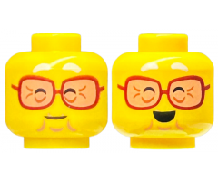 Minifigure, Head Dual Sided White Eyebrows, Reddish Brown Glasses with Nougat Lenses, Closed Eyes, Chin Dimple, Wrinkles, Grin / Open Mouth Smile Pattern - Vented Stud