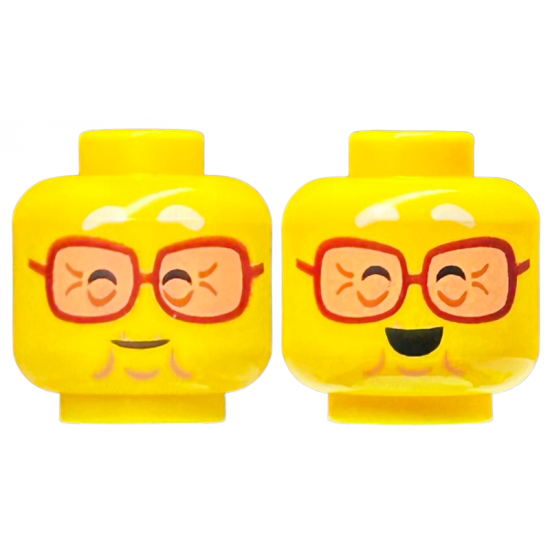 Minifigure, Head Dual Sided White Eyebrows, Reddish Brown Glasses with Nougat Lenses, Closed Eyes, Chin Dimple, Wrinkles, Grin / Open Mouth Smile Pattern - Vented Stud