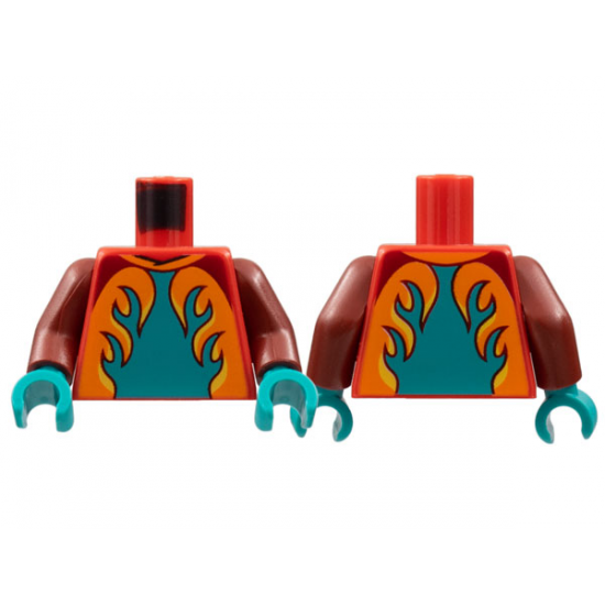 Torso Race Suit, Dark Turquoise Panel, Orange and Yellow Flames Pattern / Dark Red Arms / Dark Turquoise Hands