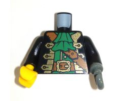 Torso Pirate Captain, Wide Green Ruffle, Reddish Brown Crossbelt and Gold Trim Pattern / Black Arms / Yellow Hand Right / Dark Bluish Gray Hook Left