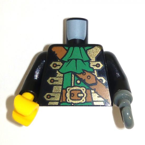Torso Pirate Captain, Wide Green Ruffle, Reddish Brown Crossbelt and Gold Trim Pattern / Black Arms / Yellow Hand Right / Dark Bluish Gray Hook Left